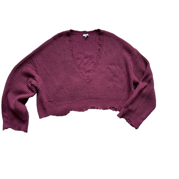 Womens Distressed Oversize Deep V Crop Sweater Size L Maroon Boho Grunge Slouchy - Picture 7 of 13